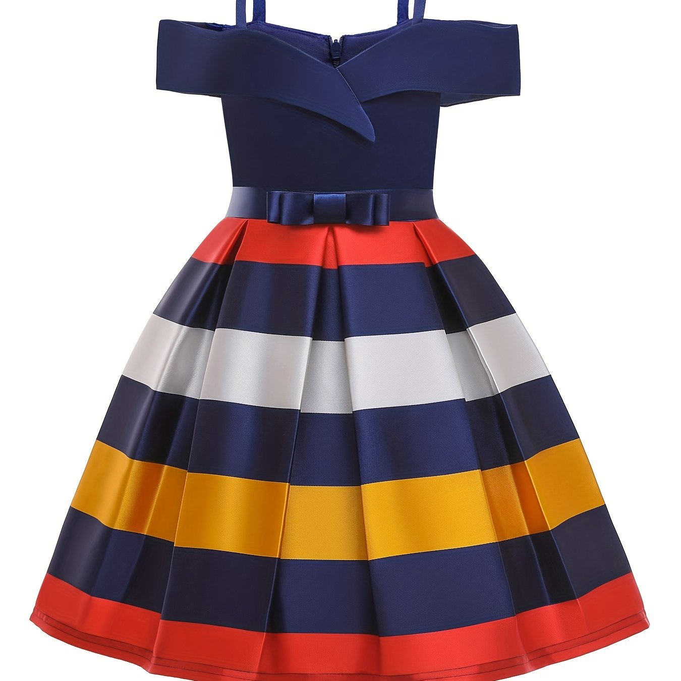 Knee-High Off-the-Shoulder Color Block Pleated Princess Dress for Girls - Sleeveless, Flared Hem, Cotton Lined, Non-Stretch Polyester Fabric, Hand Wash Only - Perfect for Piano Performance, Wedding, Birthday Party, and Evening Occasions