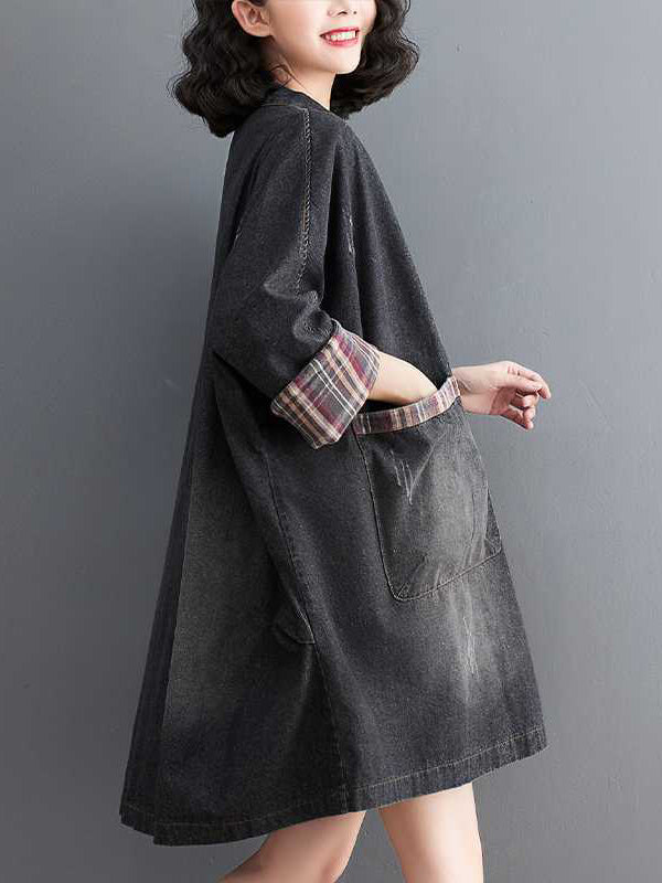 xakxx Long Sleeves Loose Buttoned Plaid Pockets Split-Joint V-Neck Denim Outerwear