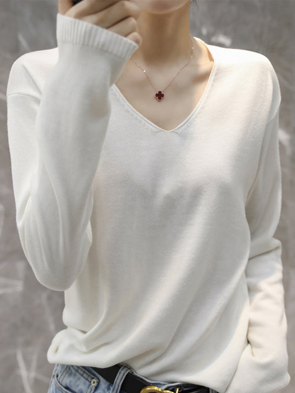 xakxx Simple Solid Color V-Neck Long Sleeve Knitwear Tops
