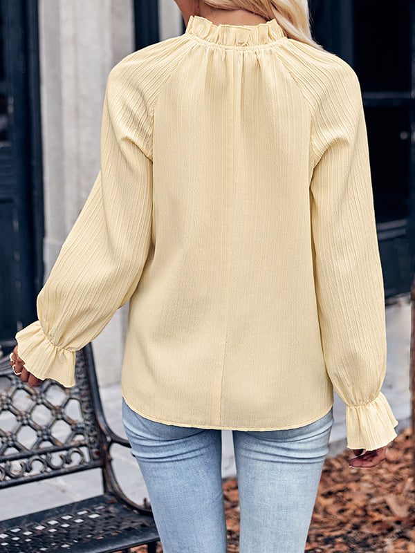 xakxx Long Sleeves Ruffle Sleeves Elasticity Ruffled Solid Color Mock Neck T-Shirts Tops