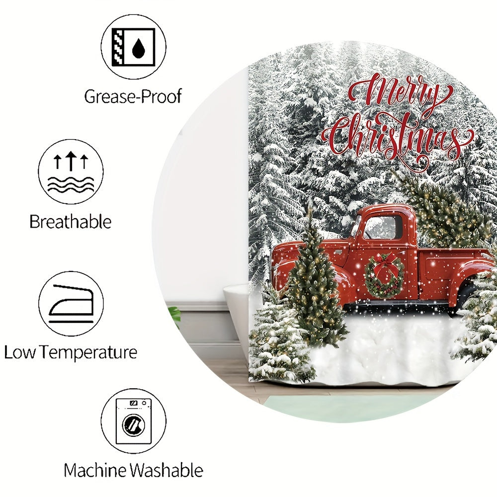 Festive Winter Red Truck Bathroom Decor Set - Waterproof Shower Curtain, Non-Slip Bath Mat, Toilet Seat Cover, Bathroom Rug, 12 Plastic Hooks, and More - Perfect for Cozy Home Decor and Winter Holiday Theme