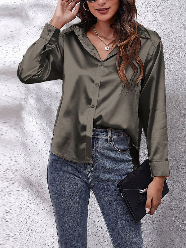 xakxx Long Sleeves Loose Solid Color Lapel Blouses