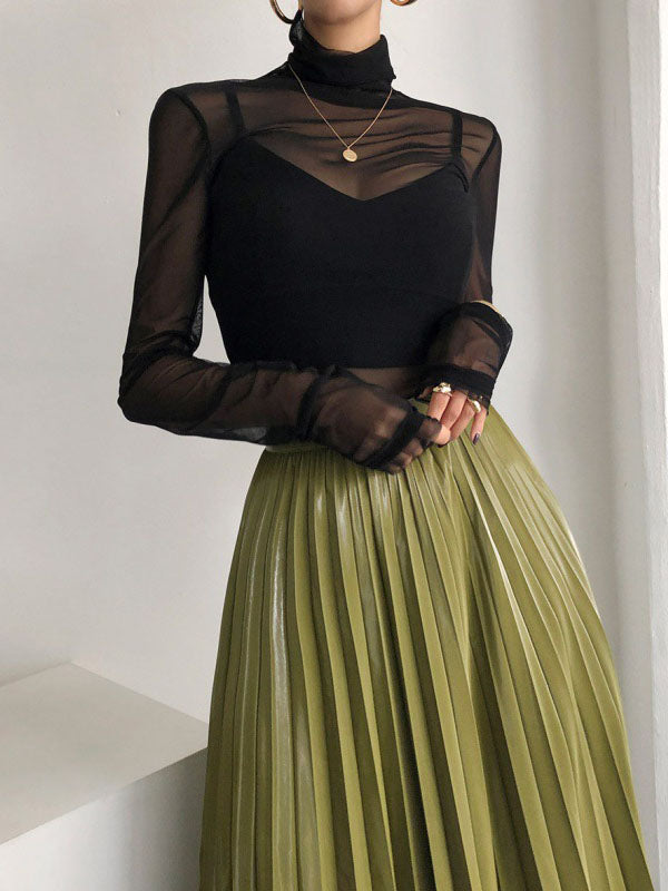 xakxx Long Sleeves Skinny Gauze See-Through Solid Color High Neck T-Shirts