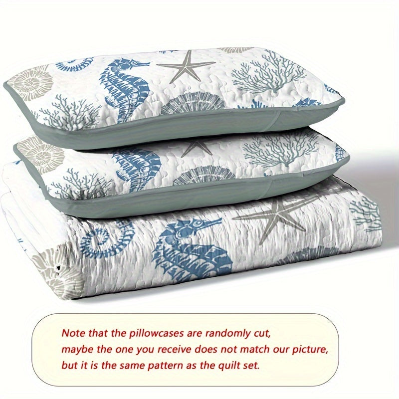 3pcs Vibrant Seahorse & Sea Star Bedspread Set - Soft, Light, Beach-Inspired Family Bedroom Decor - No Filling, Easy Care, Hypoallergenic, All-Season Comfort