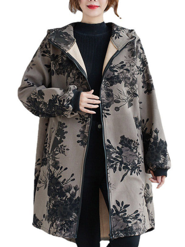 xakxx Artistic Retro Loose Floral Printed Hooded Long Sleeves Outwear