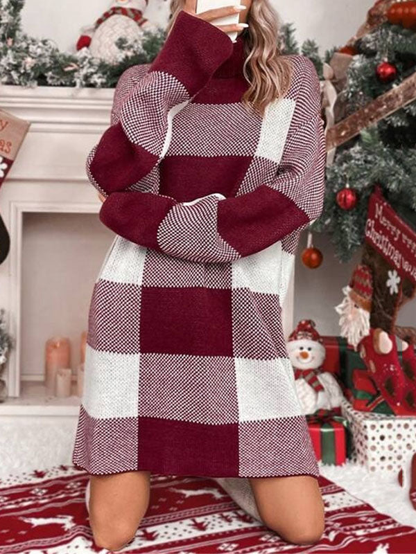 xakxx Long Sleeves Loose Contrast Color Plaid High Neck Mini Dresses Sweater Dresses