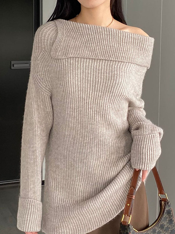 xakxx Long Sleeves Loose Solid Color Off-The-Shoulder Knitwear Pullovers Sweater