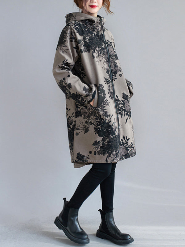 xakxx Artistic Retro Loose Floral Printed Hooded Long Sleeves Outwear