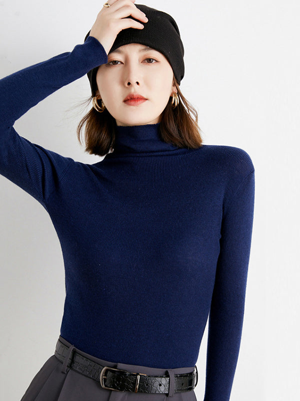 xakxx Simple Skinny Long Sleeves Solid Color High-Neck Sweater Tops Pullovers