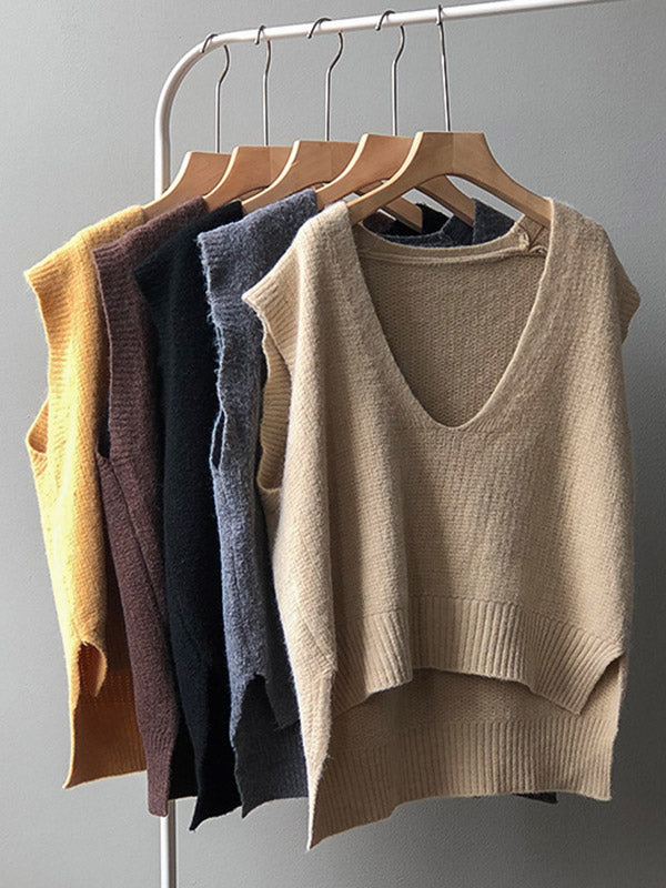 xakxx Knitting Irregularity Solid V-Neck Vest