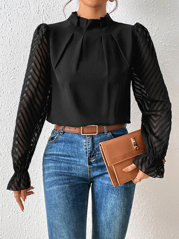 xakxx Long Sleeves Loose Elasticity Mesh Pleated Solid Color Mock Neck Blouses&Shirts Tops