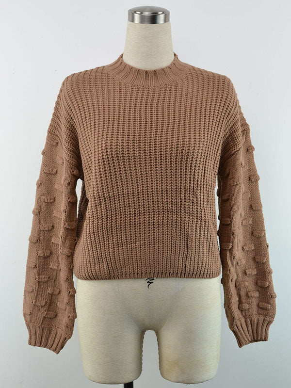 xakxx Trendy Tops Puff Sleeves Loose Solid Color Round-Neck Sweater Tops