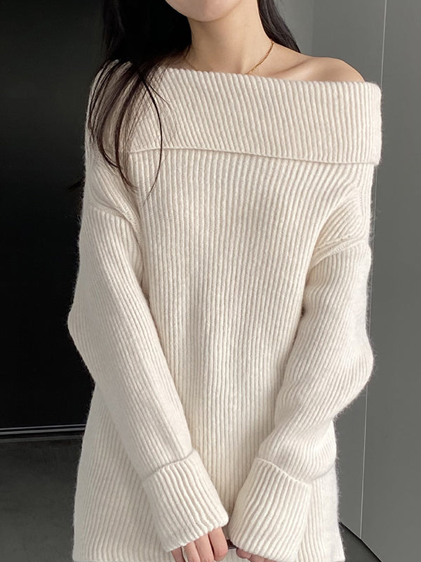 xakxx Long Sleeves Loose Solid Color Off-The-Shoulder Knitwear Pullovers Sweater