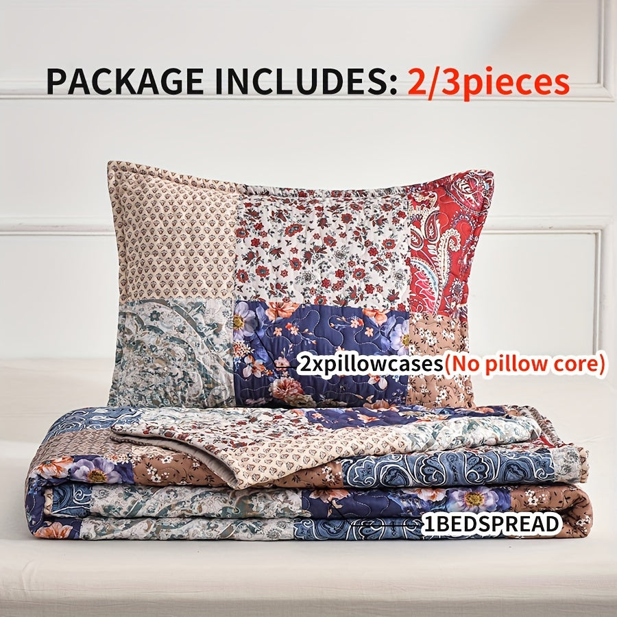 3-Piece Floral Block Checkered Pattern Bedspread Set - Double-Sided, Soft, Breathable, and Hypoallergenic Bedding for All Seasons - Includes 1 Bedspread and 2 Pillowcases (No Core)