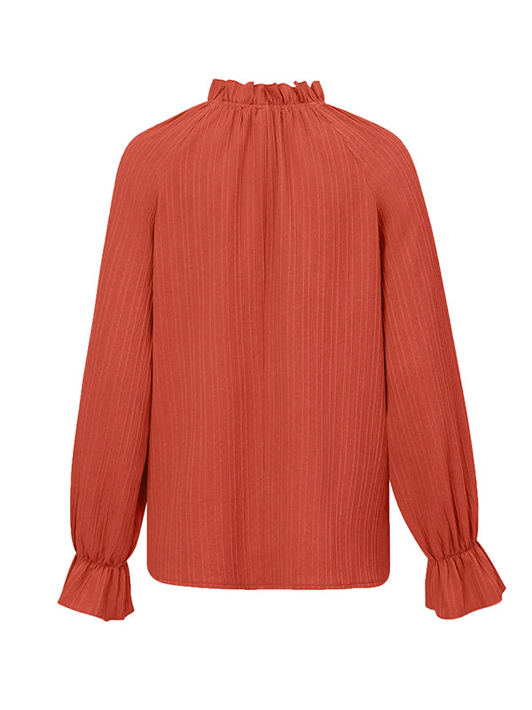 xakxx Long Sleeves Ruffle Sleeves Elasticity Ruffled Solid Color Mock Neck T-Shirts Tops