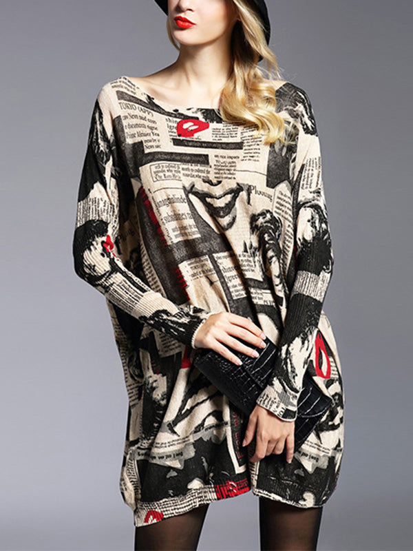 xakxx Long Sleeves Loose Letter Print Printed Round-Neck Knitwear Pullovers Sweater Tops
