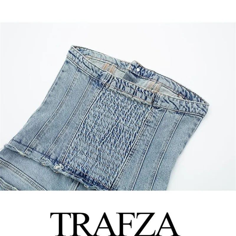 Women s Jumpsuits Rompers TRAFZA Women Chic Denim Button With Tube Top Vintage Casual Backless Elastic Force Female Streetwear Playsuits 230804