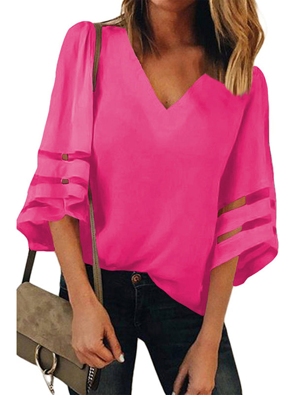 xakxx Loose Solid Color Split-Joint V-Neck T-Shirts Tops