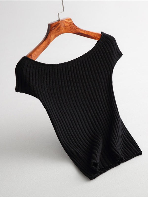 xakxx Short Sleeves Skinny Solid Color Boat Neck Knitwear Pullovers Sweater