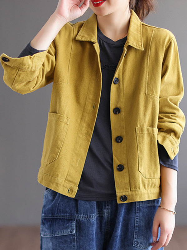 xakxx Vintage Loose Long Sleeves Buttoned Solid Color Lapel Collar Outerwear