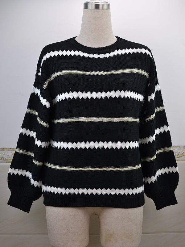 xakxx Long Sleeves Loose Striped Round-Neck Knitwear Pullovers Sweater Tops