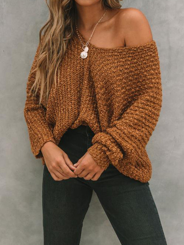 xakxx Long Sleeves Loose Solid Color V-Neck Knitwear Pullovers Sweater Tops