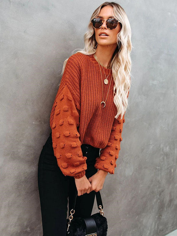 xakxx Trendy Tops Puff Sleeves Loose Solid Color Round-Neck Sweater Tops