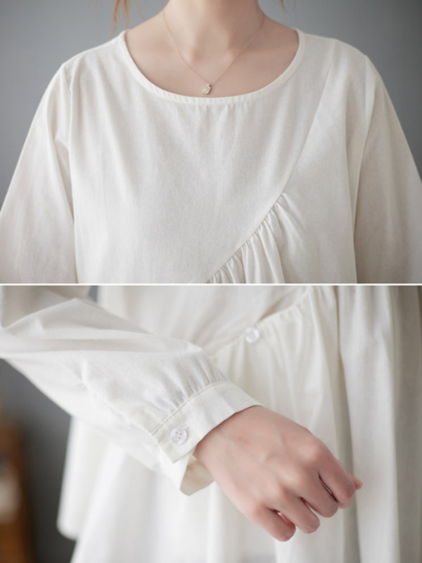 xakxx Casual Loose Long Sleeves Solid Color Round-Neck T-Shirts Tops