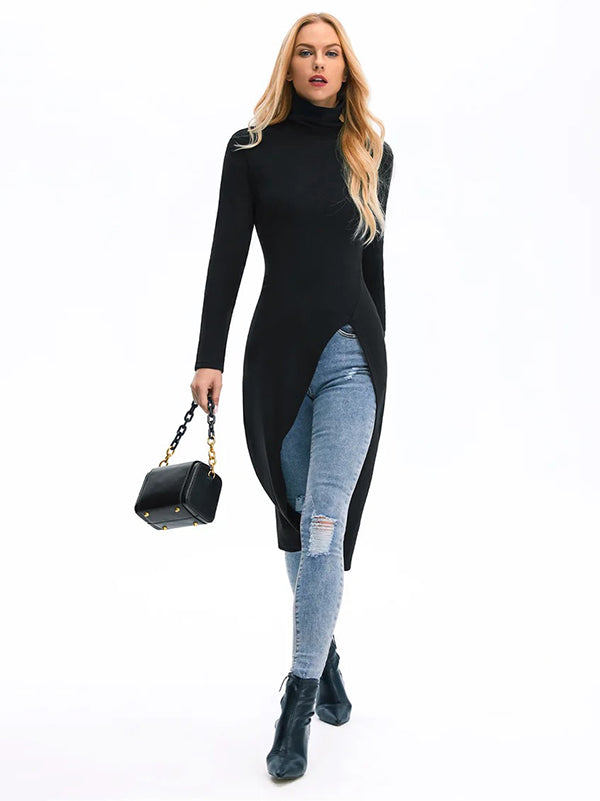 xakxx Simple Skinny Split-Side Solid Color High-Neck T-Shirts Tops