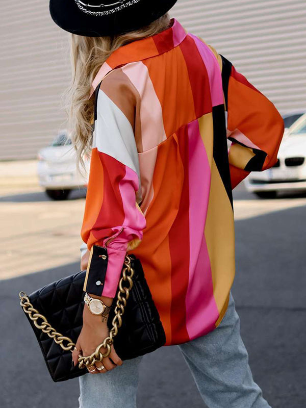 xakxx Stylish Selection Long Sleeves Loose Contrast Color Lapel Collar Blouses&Shirts Tops