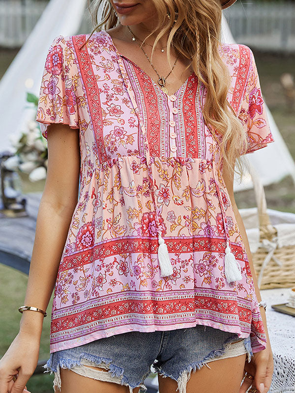 xakxx Loose Short Sleeves Buttoned Flower Print Split-Joint Tasseled Tied V-Neck T-Shirts Tops