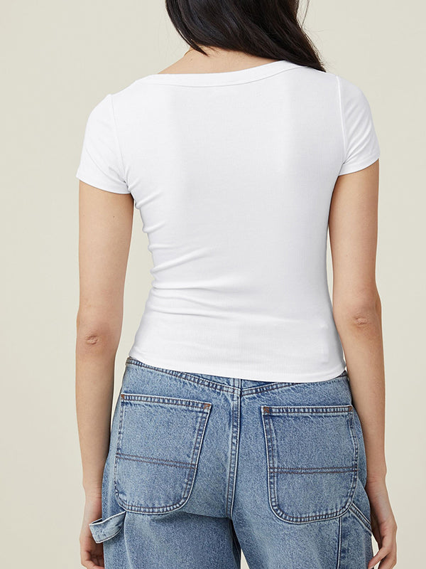 xakxx Short Sleeves Skinny Solid Color Square-Neck T-Shirts Tops