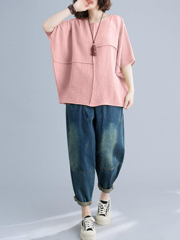 xakxx Batwing Sleeves Loose Solid Color Split-Joint Round-Neck T-Shirts Tops