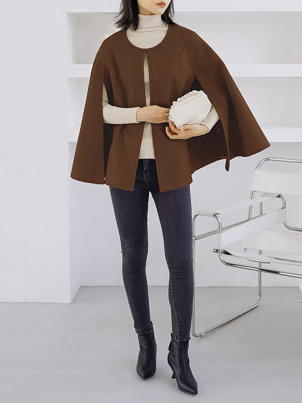 xakxx Casual Loose Solid Color Round-Neck Cape Outerwear