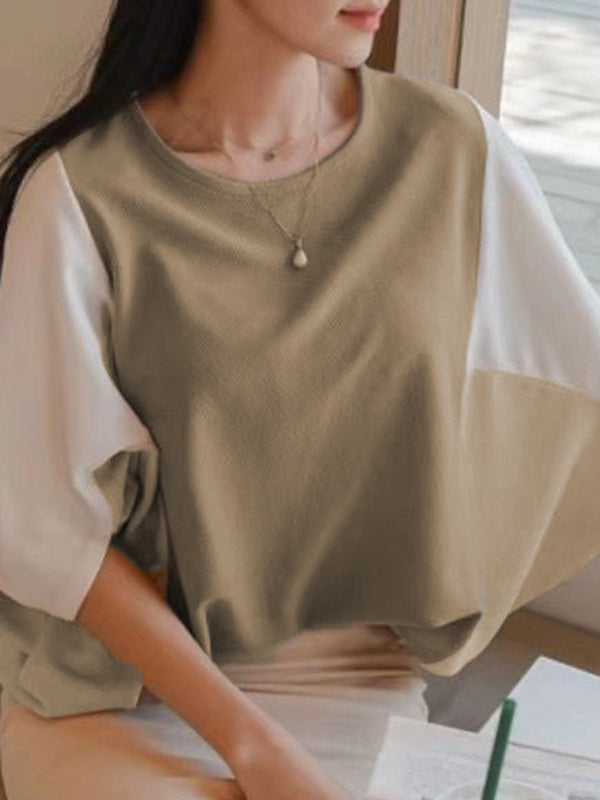 xakxx Batwing Sleeves Half Sleeves Contrast Color Round-Neck Blouses&Shirts Tops