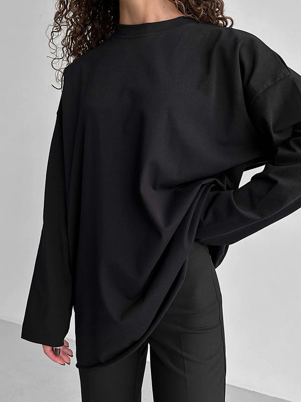 xakxx Long Sleeves Loose Solid Color Round-Neck T-Shirts Tops