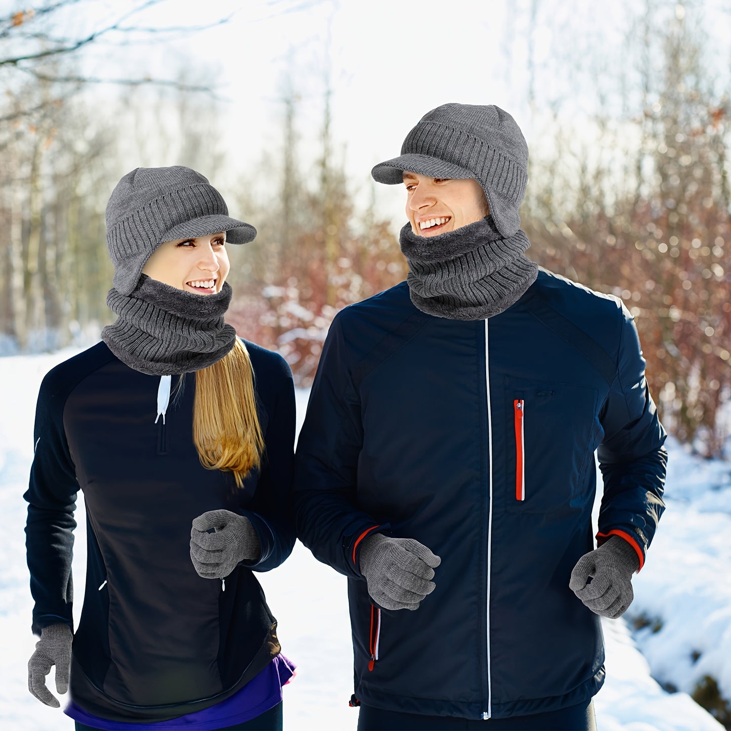 3 Pcs Winter Hat Scarf Glove Set Visor Beanie Hat With Earflaps Neck Warmer And Touch Screen Gloves For Men Women