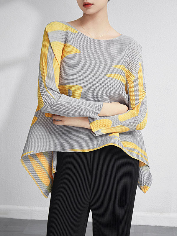 xakxx Casual Irregularity Loose Printed Pleated Round-Neck T-Shirts Tops