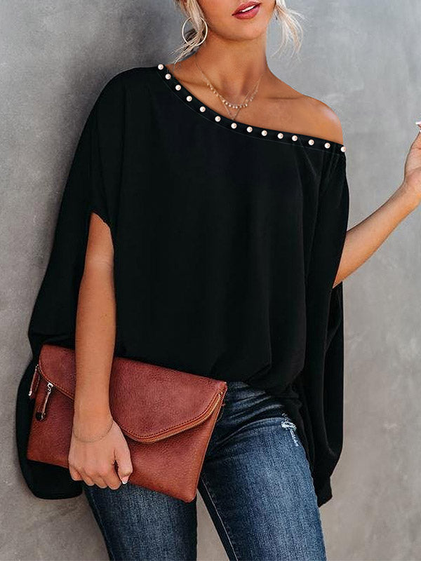 xakxx Loose Raglan Sleeve Beaded One-Shoulder T-Shirts Tops
