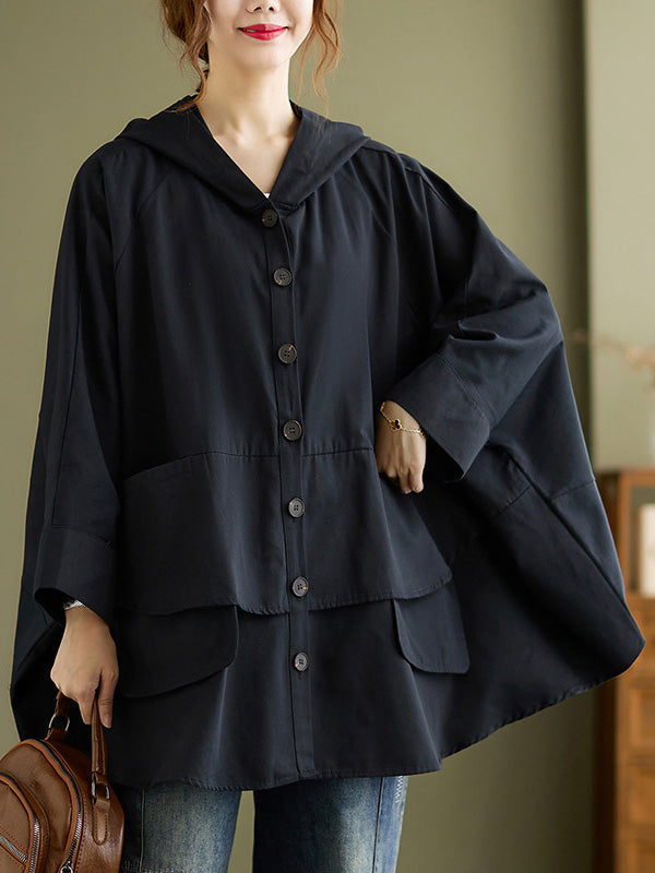 xakxx Loose Solid Color Buttoned Hooded Long Sleeves Trench Coat