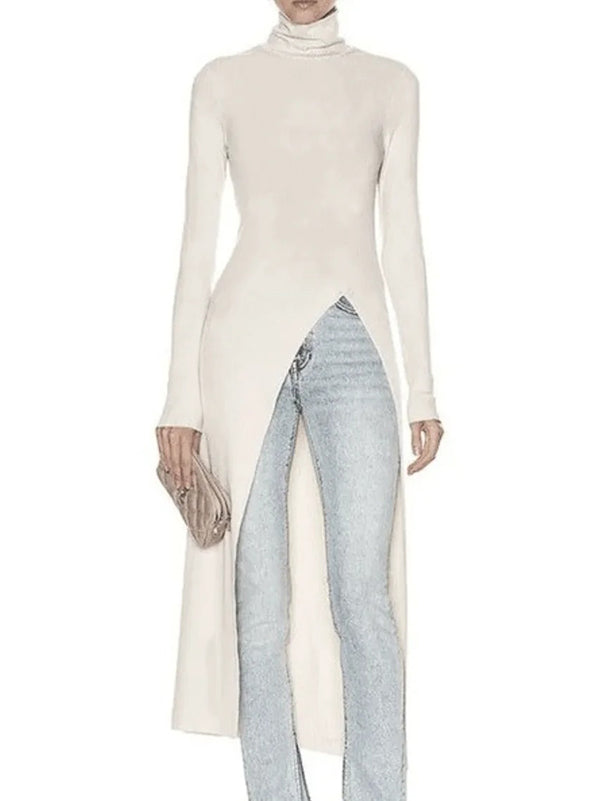 xakxx Simple Skinny Split-Side Solid Color High-Neck T-Shirts Tops