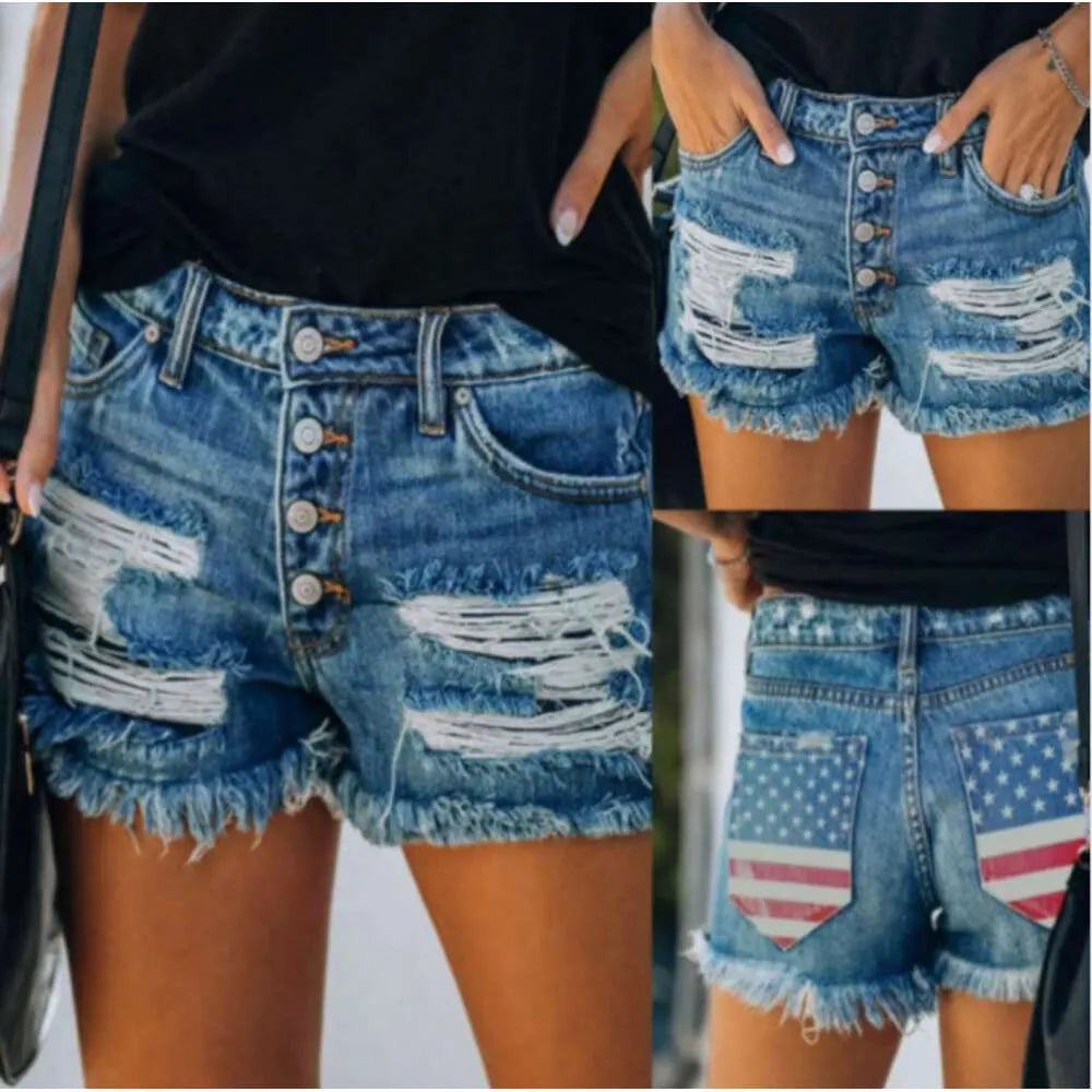American Flag Printed Burr Edge Distressed Tassel Denim Shorts for Women's Hot Pants