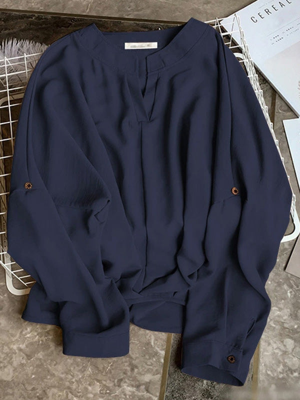 xakxx Casual Long Sleeves Loose Solid Color V-Neck Blouses&Shirts Tops