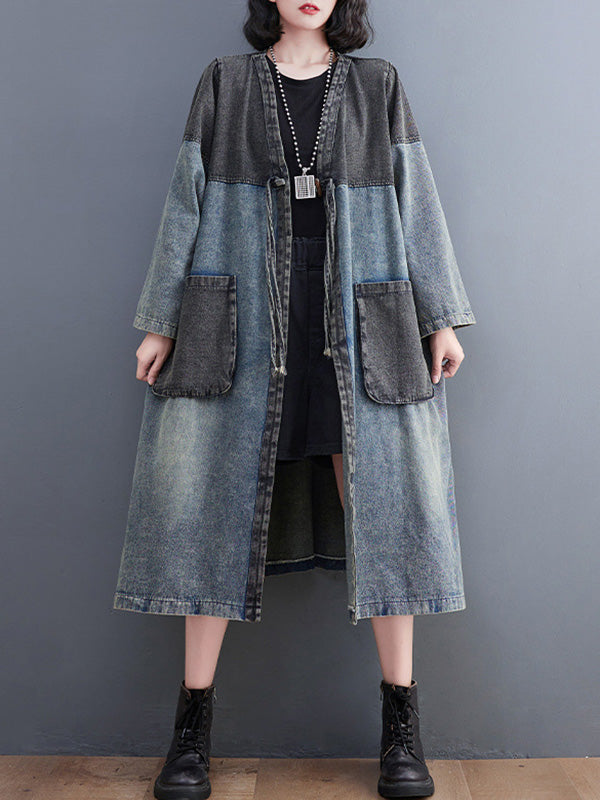 xakxx Artistic Retro Denim Long Sleeves Loose Tied Split-Joint Trench Outerwear