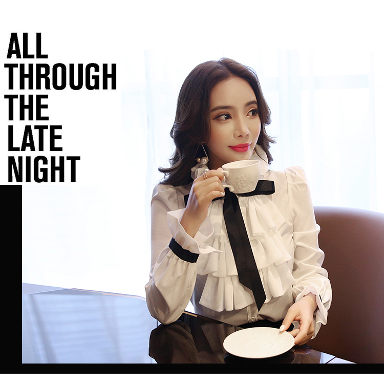 Xakxx - New Women blouse tops White Ruffles Bow Long Sleeve Chiffon Blouse 2023 New Work Wear Office Blusas Femininas ladies shirt 570A