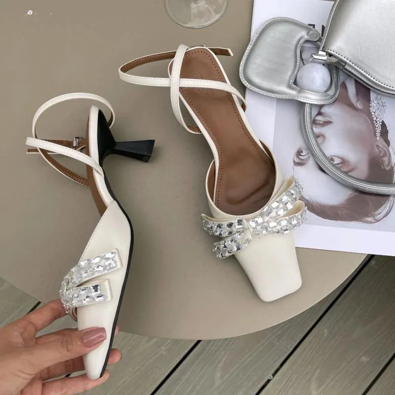 Dress Shoes Rhinestone Bow High Heeled Sandals Women Ankle Straps Low Heel Square Headed Pumps Sandalias Mujer