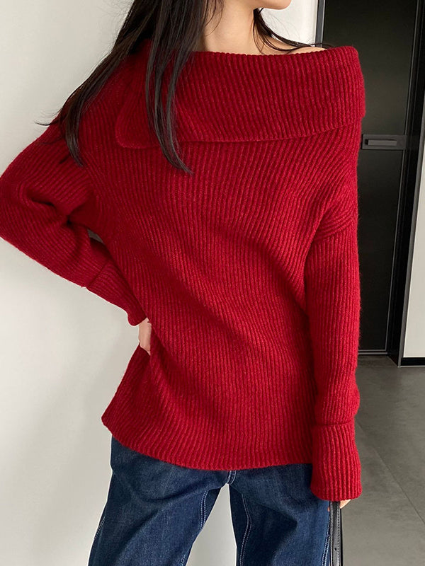 xakxx Long Sleeves Loose Solid Color Off-The-Shoulder Knitwear Pullovers Sweater