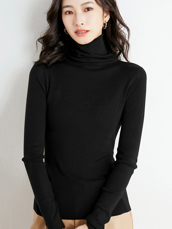 xakxx Simple Skinny Long Sleeves Solid Color High-Neck Sweater Tops Pullovers