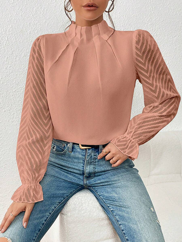 xakxx Long Sleeves Loose Elasticity Mesh Pleated Solid Color Mock Neck Blouses&Shirts Tops