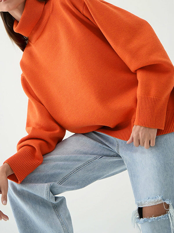 xakxx Long Sleeves Loose Solid Color High Neck Knitwear Pullovers Sweater Tops